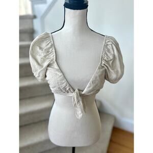 Dippin Daisys Tan Beige Linen Blend Puff Sleeve Milkmaid Tie Top
